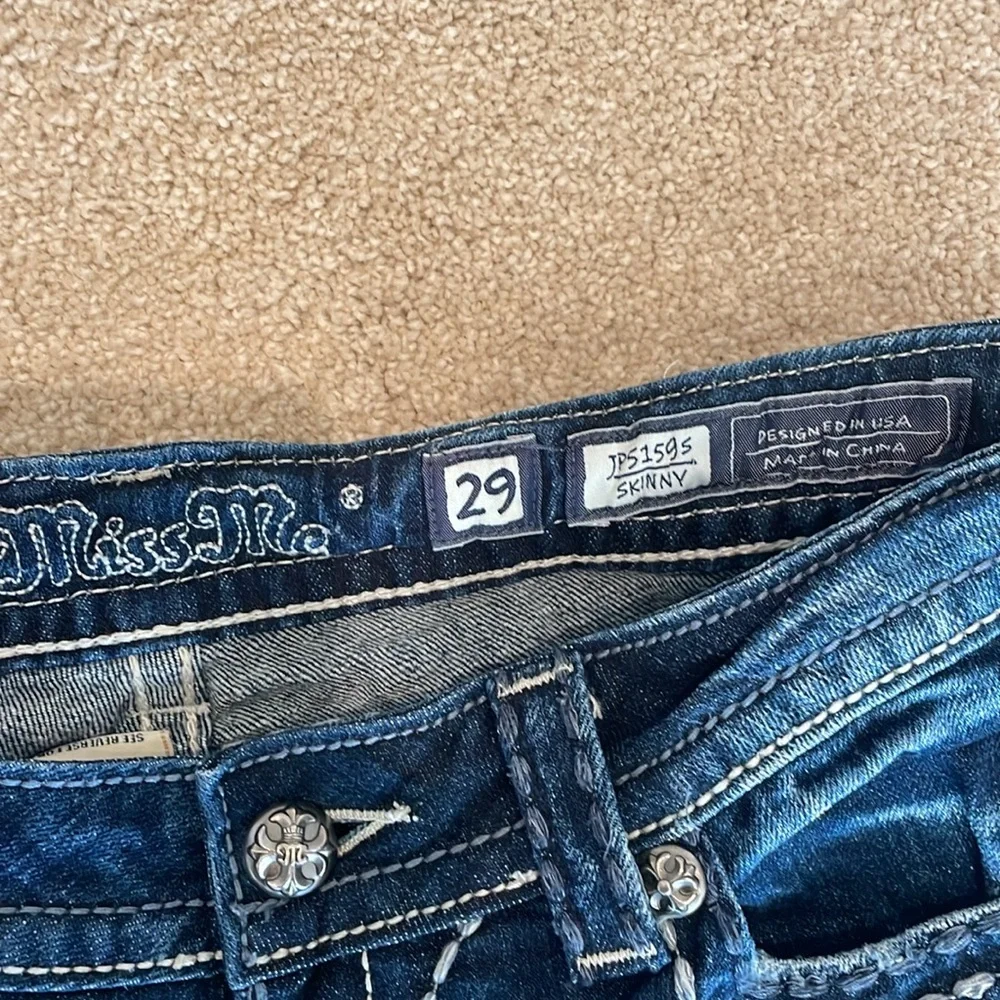 Miss Me Dark Blue Skinny Jeans with Intricate Silver Details - Picture 6 of 7